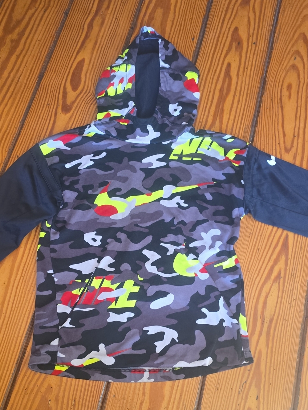 Nike Kids' Gray Camo Hoodie with Neon Yellow & Red Accents Large
